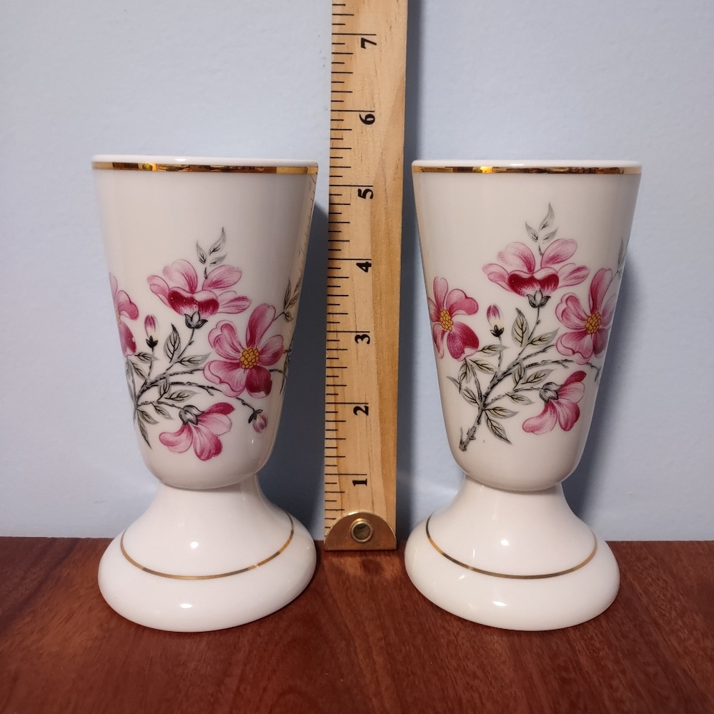 Limoges Mazagran Cups Floral Design France Pink Flowers With Gold Trim